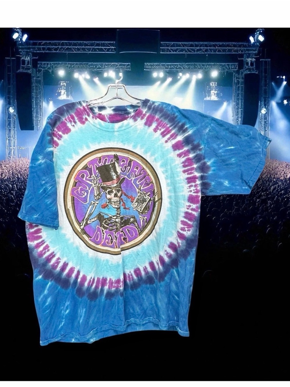 Vintage Liquid Blue Grateful Dead Tie Dye T Shirt 2XL Skeleton Top Hat Psychedel